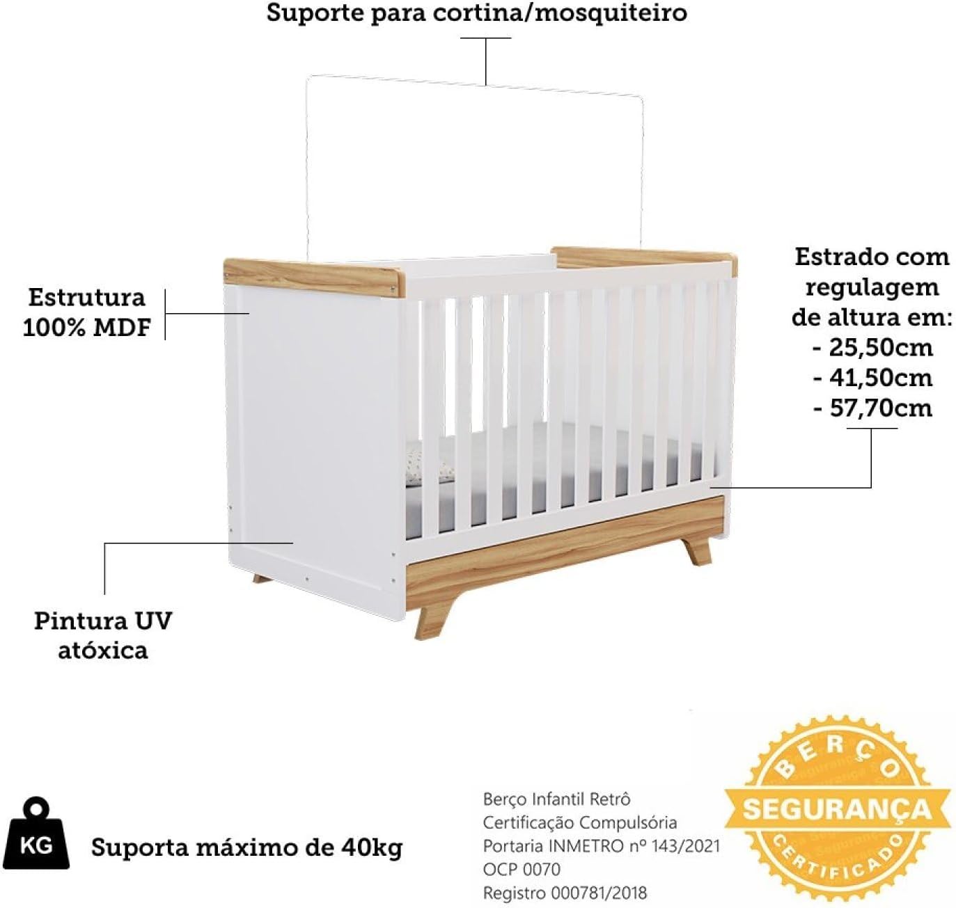 Quarto de Bebê Completo com Guarda Roupa Cômoda e Berço 100% Mdf Jolie Retrô Espresso Móveis Branco Brilho/Amêndoa