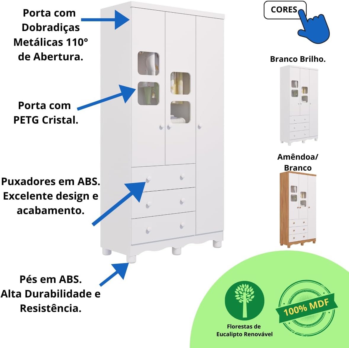 Quarto de Bebê Completo Berço Americano Ben 3 Em 1 Minicama Minisofa Guarda Roupa Uli 3 Portas 3 Gavetas Móveis Peroba Branco Brilho