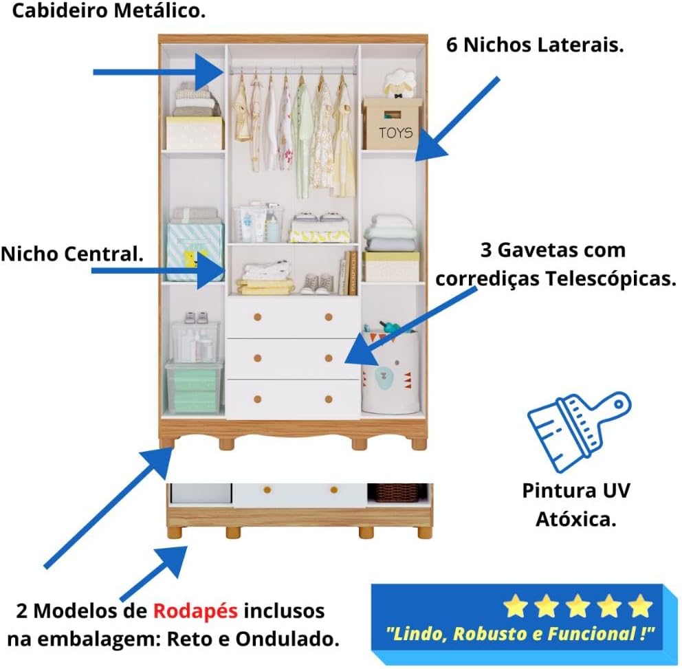 Quarto Bebê Completo Berço Americano Ben 3 em 1 Guarda Roupas 4 Portas 3 Gavetas Bolinha 100% MDF