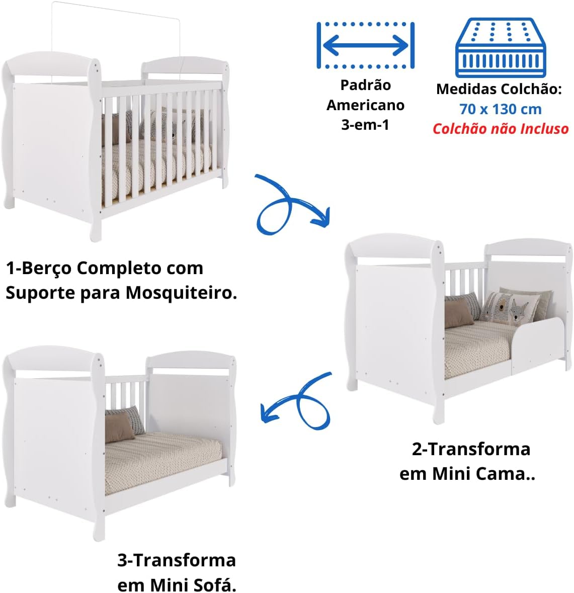 Quarto de Bebê Completo Berço Americano Marquesa 3 Em 1 Cômoda Uli 4 Gavetas 1 Porta Branco Carvalho 100% Mdf Móveis Peroba Branco Brilho