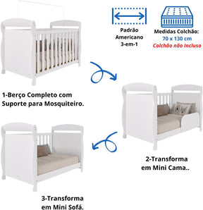 Quarto de Bebê Completo Berço Americano Marquesa 3 Em 1 Cômoda Uli 4 Gavetas 1 Porta Branco Carvalho 100% Mdf Móveis Peroba Branco Brilho