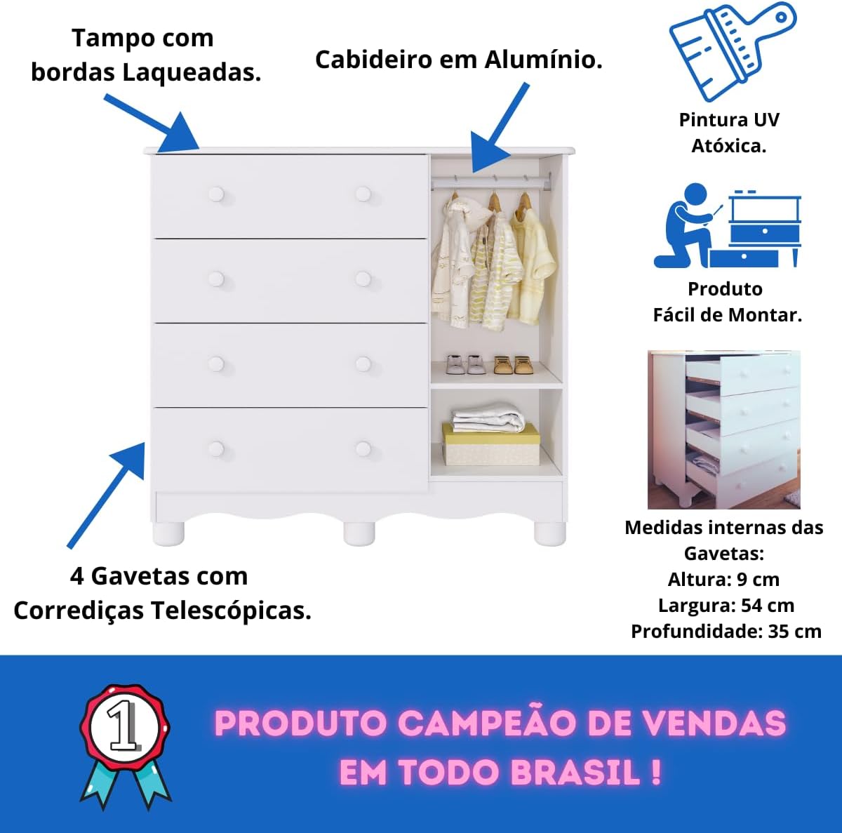 Quarto de Bebê Completo Berço Americano Marquesa 3 Em 1 Cômoda Uli 4 Gavetas 1 Porta Branco Carvalho 100% Mdf Móveis Peroba Branco Brilho