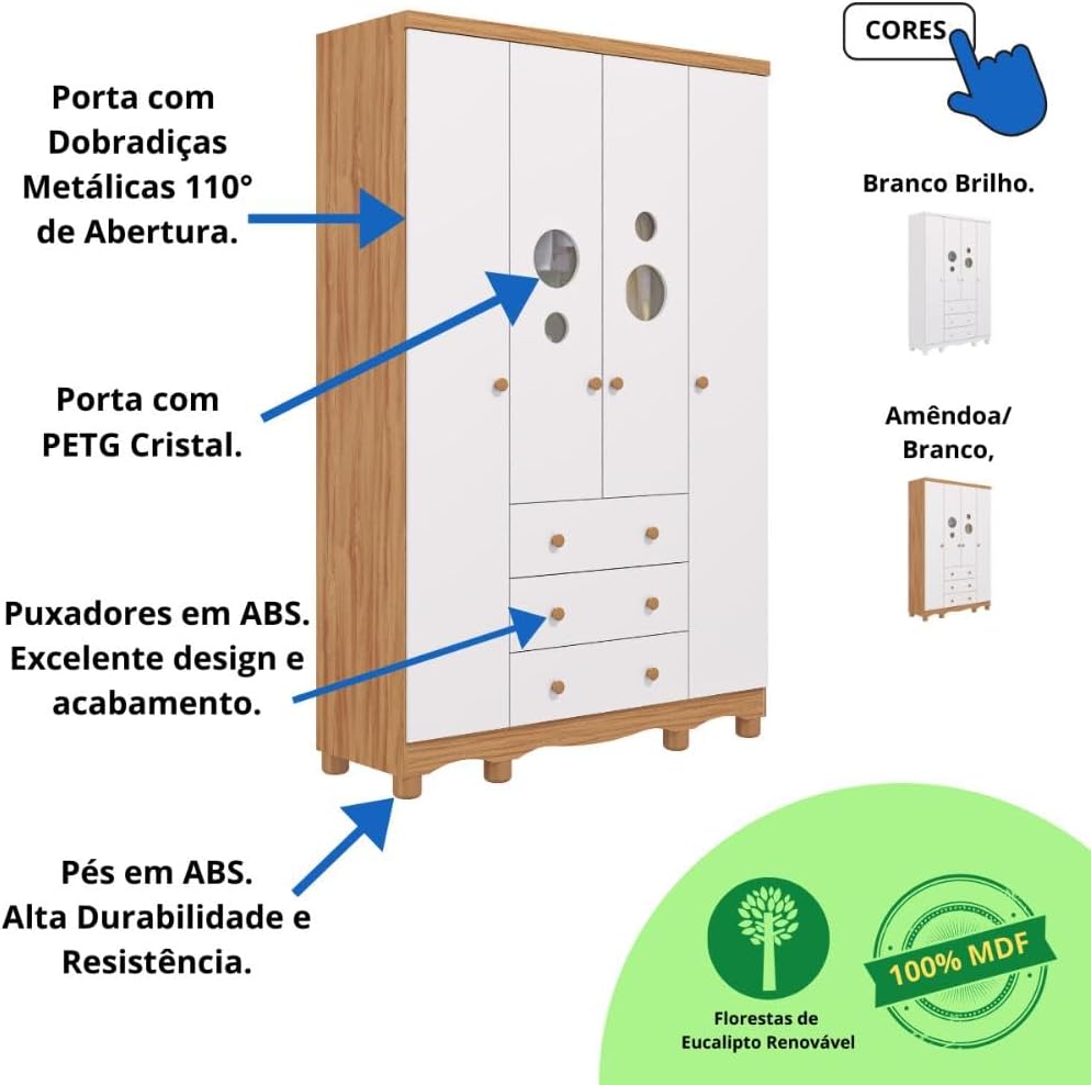 Quarto Bebê Completo Berço Americano Ben 3 em 1 Guarda Roupas 4 Portas 3 Gavetas Bolinha 100% MDF