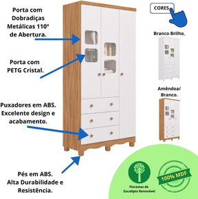 Quarto de Bebê Completo Berço Americano Ben 3 Em 1 Minicama Minisofa Guarda Roupa Uli 3 Portas 3 Gavetas Móveis Peroba Branco Brilho