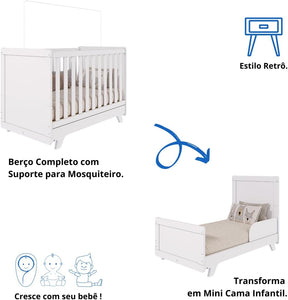 Quarto de Bebê Completo Retro com Guarda Roupa 4 Portas 3 Gavetas e Berço Mini Cama Móveis Peroba Branco Brilho