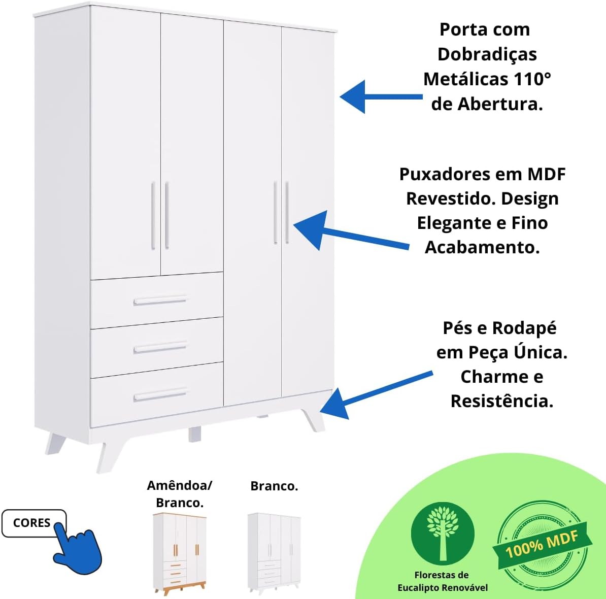 Quarto de Bebê Completo Retro com Guarda Roupa 4 Portas 3 Gavetas e Berço Mini Cama Móveis Peroba Branco Brilho