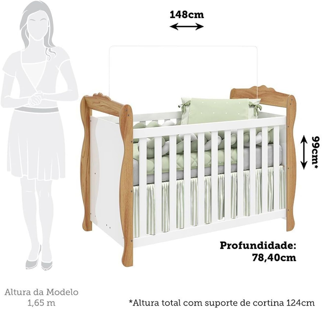 Berço Mini Cama 3 em 1 Americano 100% Mdf Cocada Branco Brilho/Amêndoa