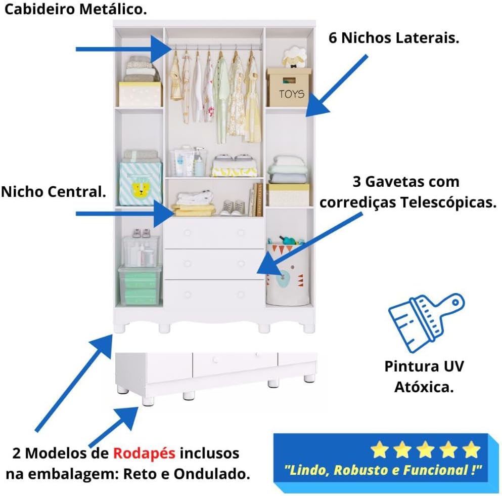 Quarto Bebê Completo Berço Americano Ben 3 em 1 Guarda Roupas 4 Portas 3 Gavetas Bolinha 100% MDF