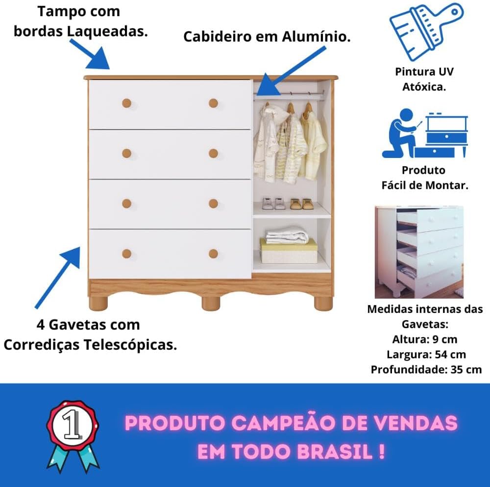 Quarto de Bebê Completo Berço Americano Marquesa 3 Em 1 Cômoda Uli 4 Gavetas 1 Porta Branco Carvalho 100% Mdf Móveis Peroba