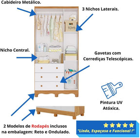 Quarto de Bebê Completo Berço Americano Ben 3 Em 1 Minicama Minisofa Guarda Roupa Uli 3 Portas 3 Gavetas Móveis Peroba Branco Brilho