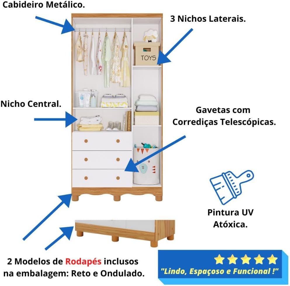 Quarto de Bebê Completo Berço Americano Ben 3 Em 1 Minicama Minisofa Guarda Roupa Uli 3 Portas 3 Gavetas Móveis Peroba Branco Brilho