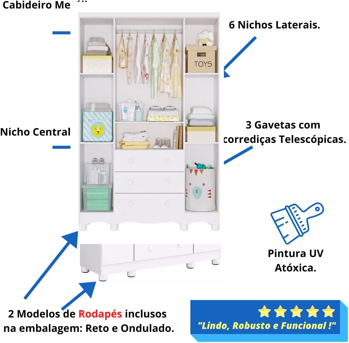 Quarto Bebê Completo Berço Americano Marquesa 3 em 1 Guarda Roupa 4 Portas Cômoda Uli 100% Mdf Móveis Peroba Branco Brilho