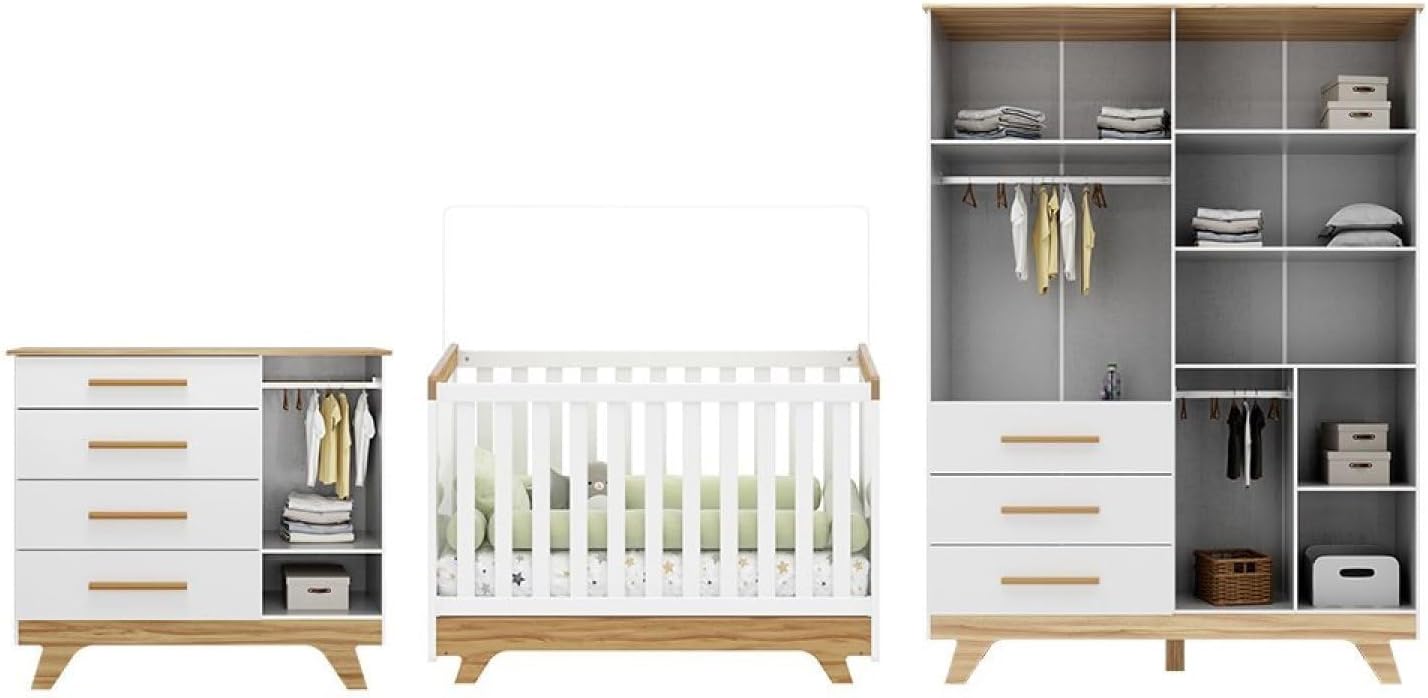 Quarto de Bebê Completo com Guarda Roupa Cômoda e Berço 100% Mdf Jolie Retrô Espresso Móveis Branco Brilho/Amêndoa