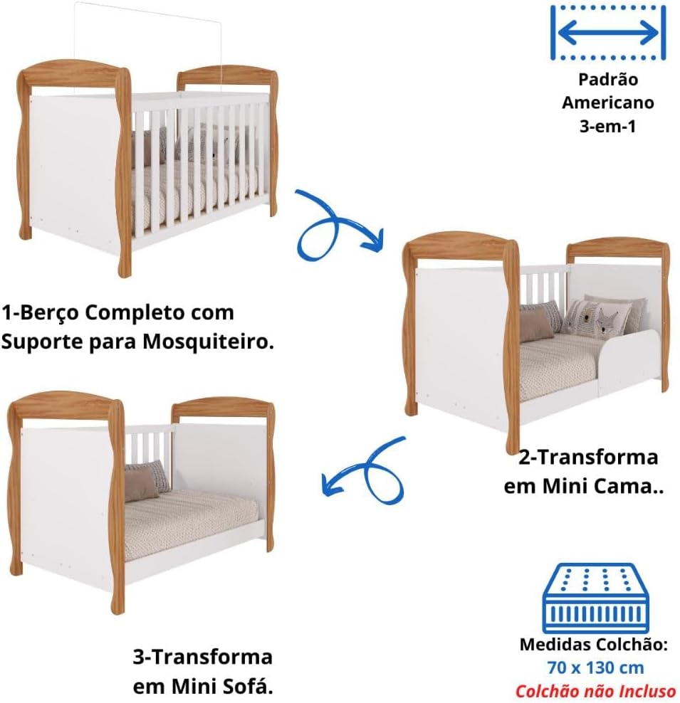 Quarto de Bebê Completo Berço Americano Marquesa 3 Em 1 Cômoda Uli 4 Gavetas 1 Porta Branco Carvalho 100% Mdf Móveis Peroba