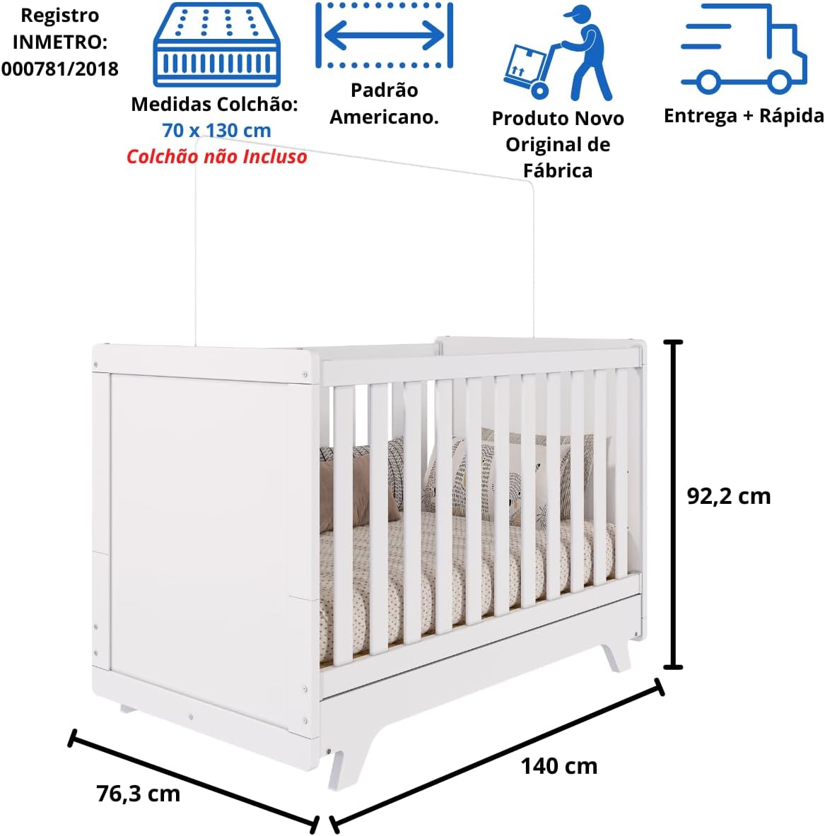 Quarto de Bebê Completo Retro com Guarda Roupa 4 Portas 3 Gavetas e Berço Mini Cama Móveis Peroba Branco Brilho