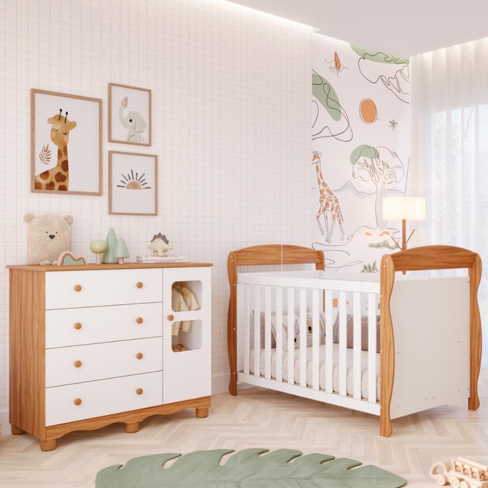 Quarto de Bebê Completo Berço Americano Marquesa 3 Em 1 Cômoda Uli 4 Gavetas 1 Porta Branco Carvalho 100% Mdf Móveis Peroba