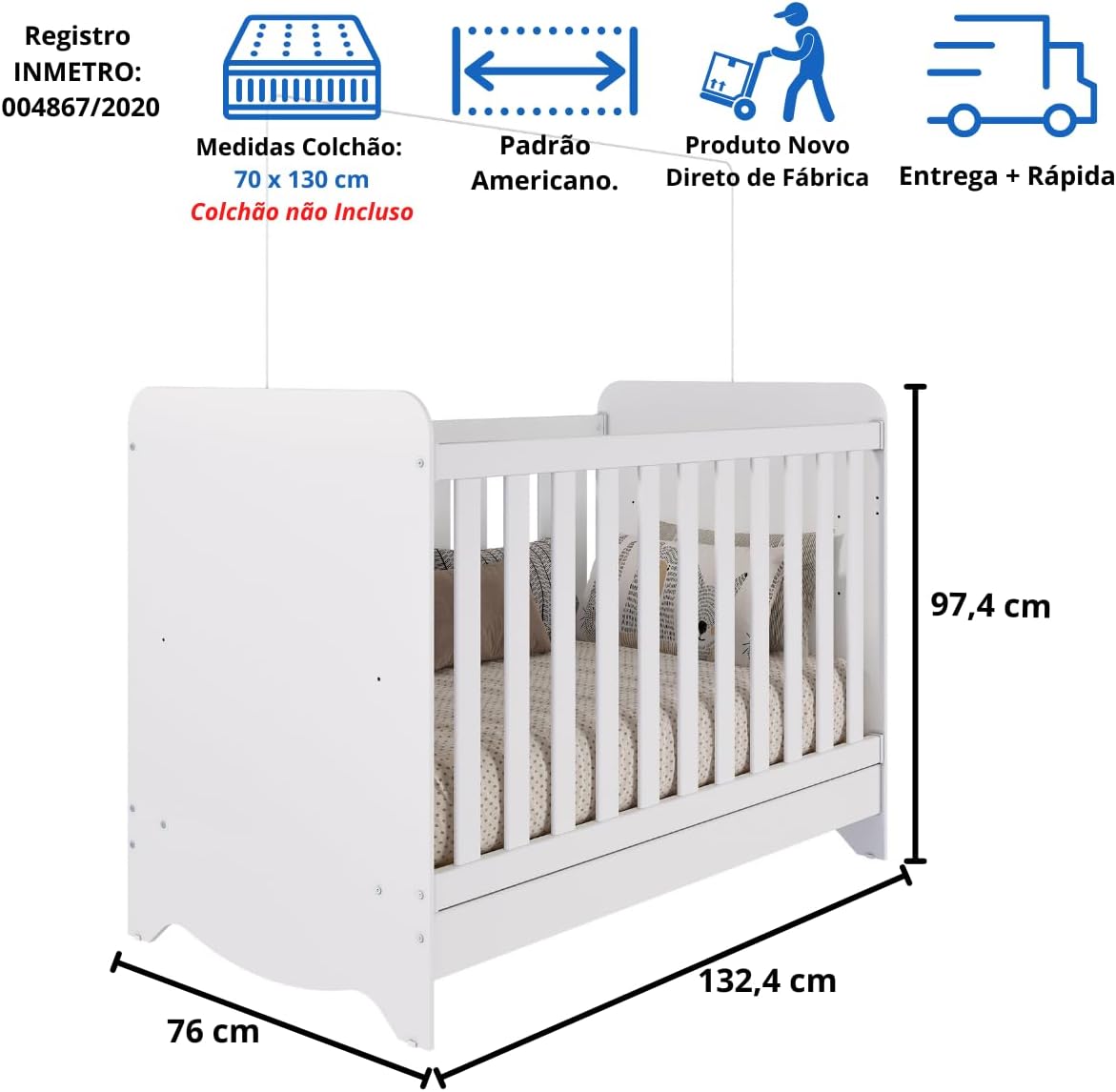 Quarto de Bebê Completo Berço Americano Ben 3 Em 1 Minicama Minisofa Guarda Roupa Uli 3 Portas 3 Gavetas Móveis Peroba Branco Brilho