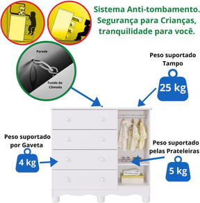 Quarto de Bebê Completo com Berço Americano Ben 3 Em 1 Cômoda Uli 4 Gavetas Móveis Peroba Branco Brilho