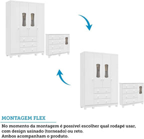 Quarto de Bebê Completo Guarda Roupas Cômoda 3 Portas Janeladas e Berço com Rodizio 100% Mdf Lana Es Branco Brilho