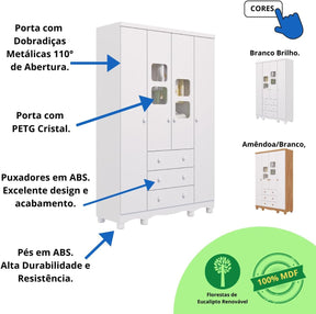 Quarto Bebê Completo Berço Americano Marquesa 3 em 1 Guarda Roupa 4 Portas Cômoda Uli 100% Mdf Móveis Peroba Branco Brilho