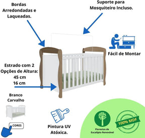 Quarto de Bebê Completo Berço Americano Marquesa 3 Em 1 Cômoda Uli 4 Gavetas 1 Porta Branco Carvalho 100% Mdf Móveis Peroba Branco Brilho