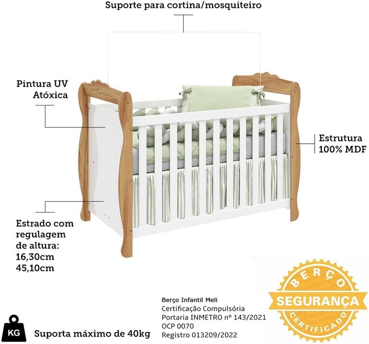 Berço Mini Cama 3 em 1 Americano 100% Mdf Cocada Branco Brilho/Amêndoa