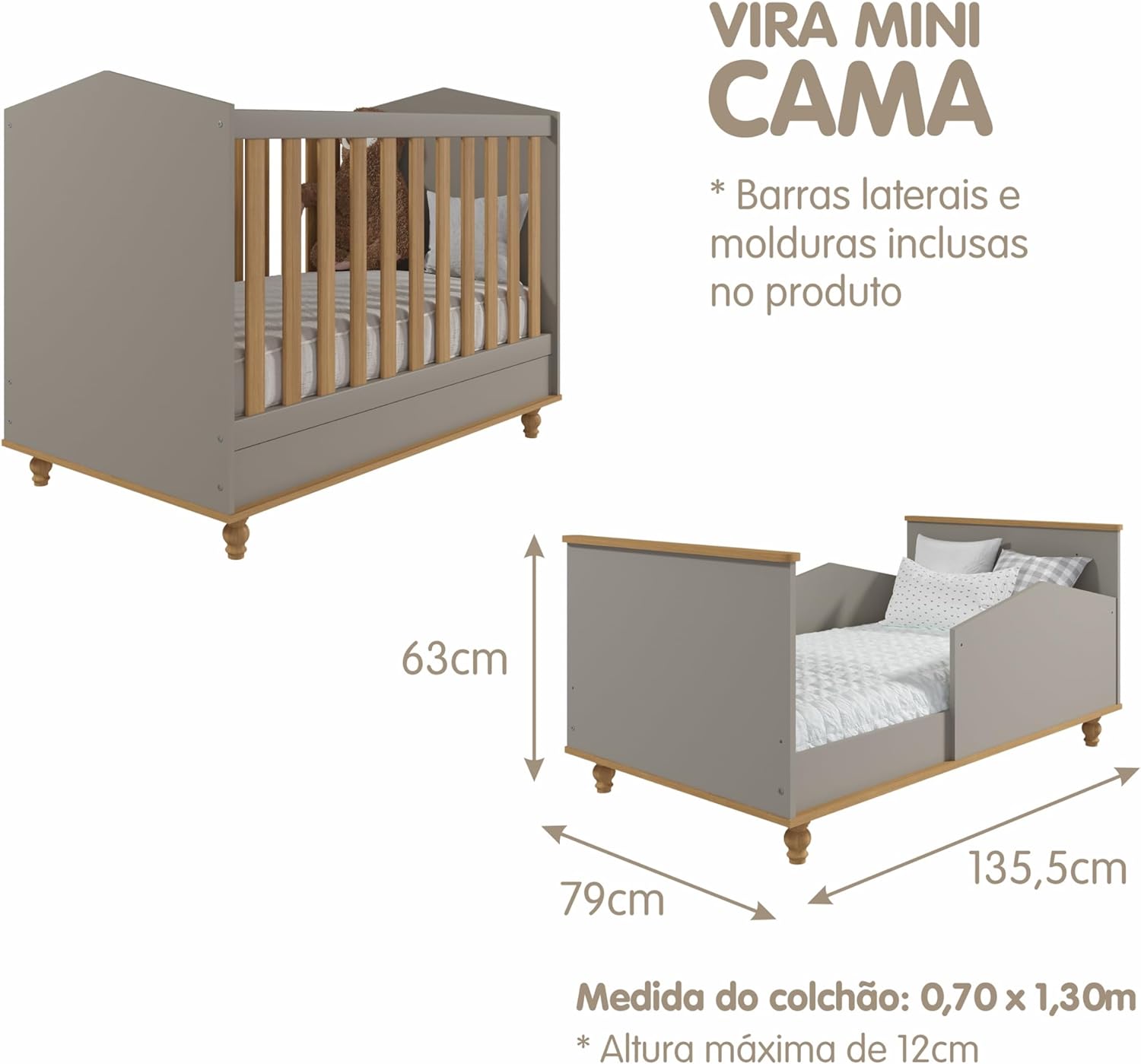 Berço Americano de Bebê Fendi Mdf Vira Mini Cama Com Regulagem Altura E Pés Madeira