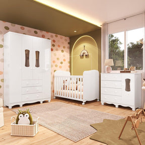 Quarto de Bebê Completo Guarda Roupas Cômoda 3 Portas Janeladas e Berço com Rodizio 100% Mdf Lana Es Branco Brilho