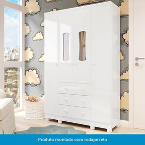 Quarto de Bebê Completo Guarda Roupas Cômoda 3 Portas Janeladas e Berço com Rodizio 100% Mdf Lana Es Branco Brilho