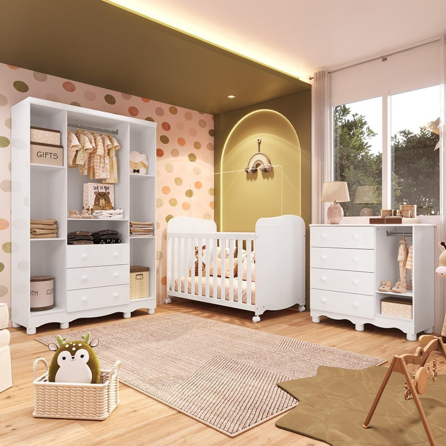 Quarto de Bebê Completo Guarda Roupas Cômoda 3 Portas Janeladas e Berço com Rodizio 100% Mdf Lana Es Branco Brilho