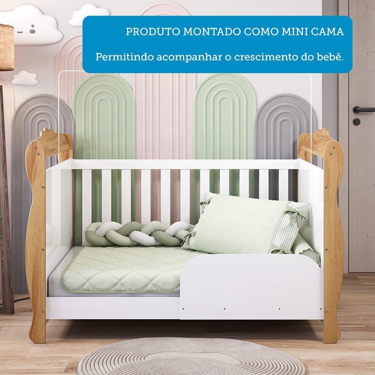 Berço Mini Cama 3 em 1 Americano 100% Mdf Cocada Branco Brilho/Amêndoa