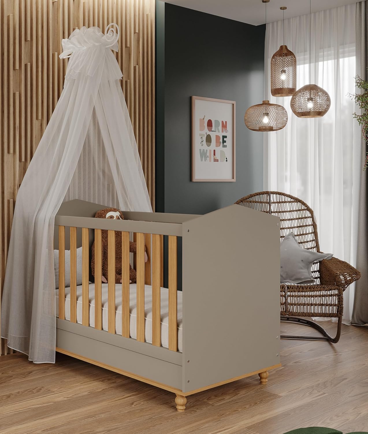 Berço Americano de Bebê Fendi Mdf Vira Mini Cama Com Regulagem Altura E Pés Madeira