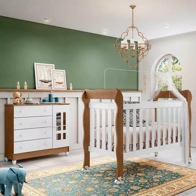 Quarto de Bebê Cômoda com Fraldário Ariel Berço 3 em 1 Lila Branco Amadeirado Carolina Baby