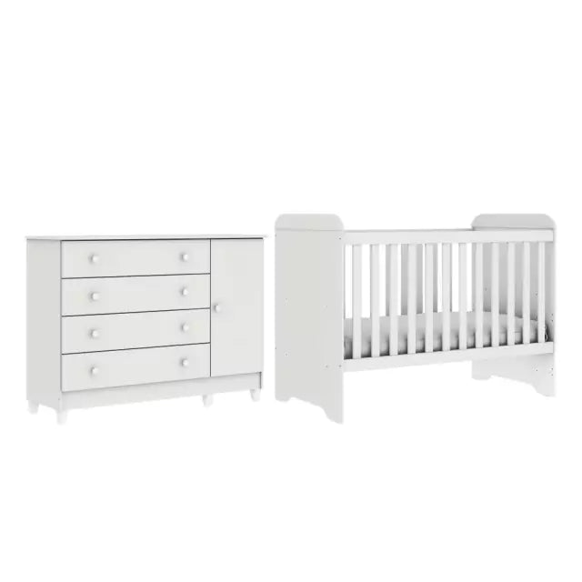 Quarto de Bebê Cômoda 4 Gavetas com Fraldário Taís Berço 3 em 1 Gabrielle Branco Carolina Baby