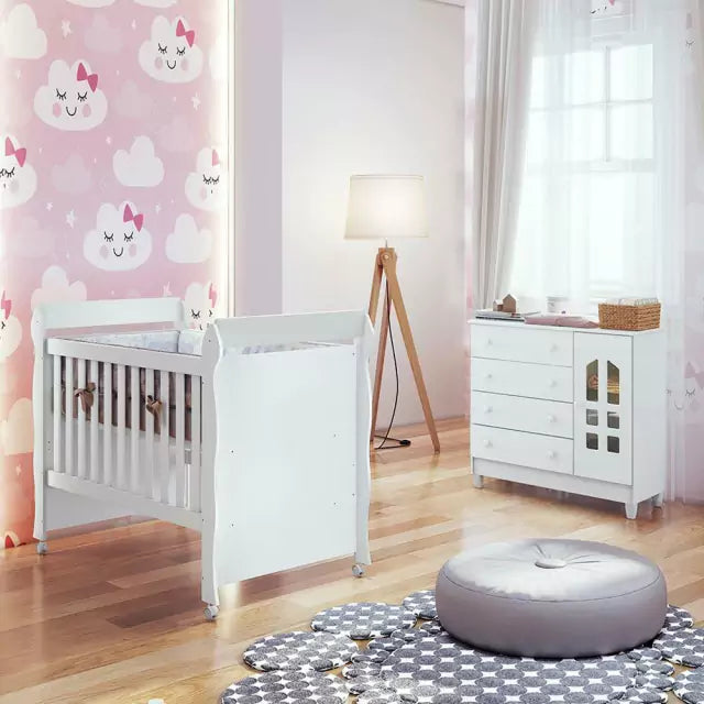 Quarto de Bebê Cômoda com Fraldário Selena Berço Mini Cama Mirelle Branco Carolina Baby