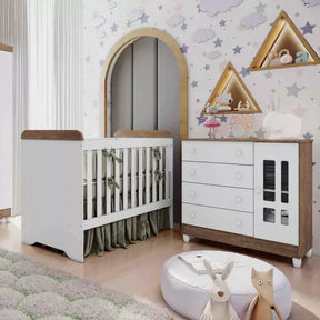 Quarto de Bebê Cômoda com Fraldário Ariel Berço 3 em 1 Gabrielle Branco Amadeirado Carolina Baby