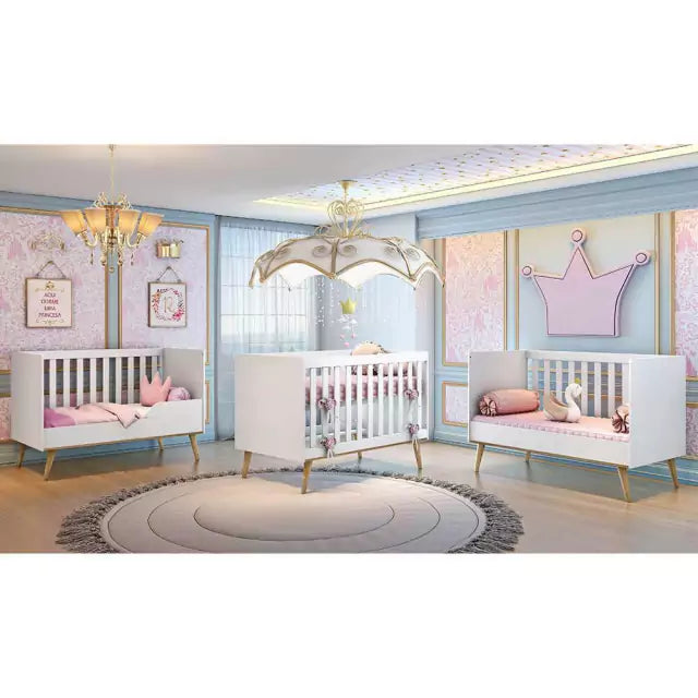 Quarto de Bebê Retrô Cômoda 4 Gavetas Lorena Berço 3 em 1 Ludmila Branco com Bétula Carolina Baby