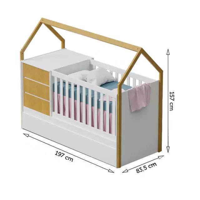 Berço Multifuncional Casinha Alicia Branco com Bétula Carolina Baby
