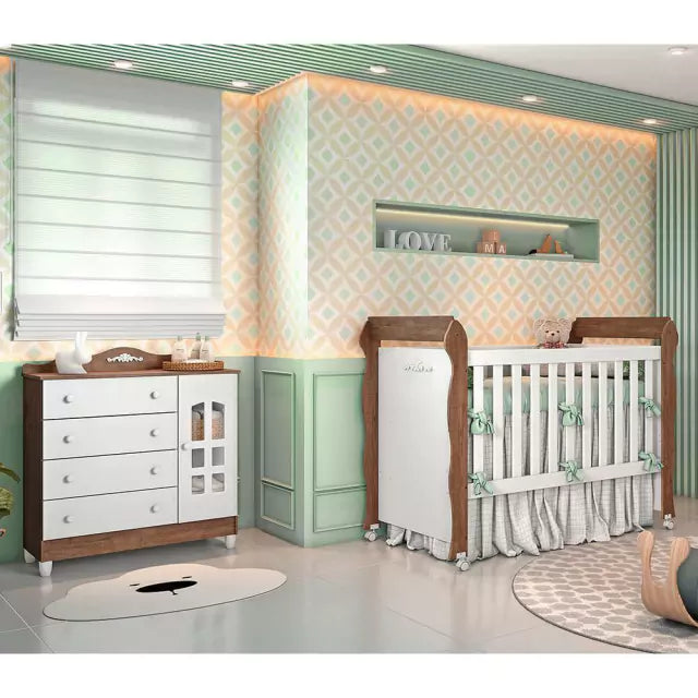 Quarto de Bebê Provençal Cômoda com Fraldário Berço Mini Cama Lisa Branco Amadeirado Carolina Baby