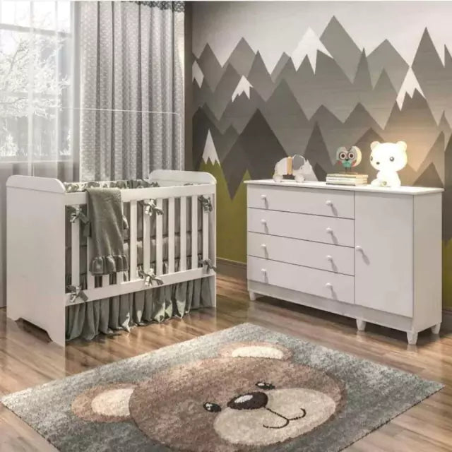 Quarto de Bebê Cômoda 4 Gavetas com Fraldário Taís Berço 3 em 1 Gabrielle Branco Carolina Baby