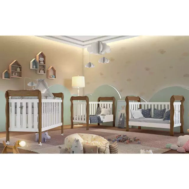 Quarto de Bebê Cômoda com Fraldário Ariel Berço 3 em 1 Lila Branco Amadeirado Carolina Baby