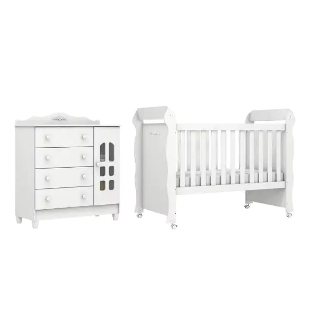 Quarto de Bebê Provençal Cômoda com Fraldário Berço Mini Cama Lisa Branco Carolina Baby